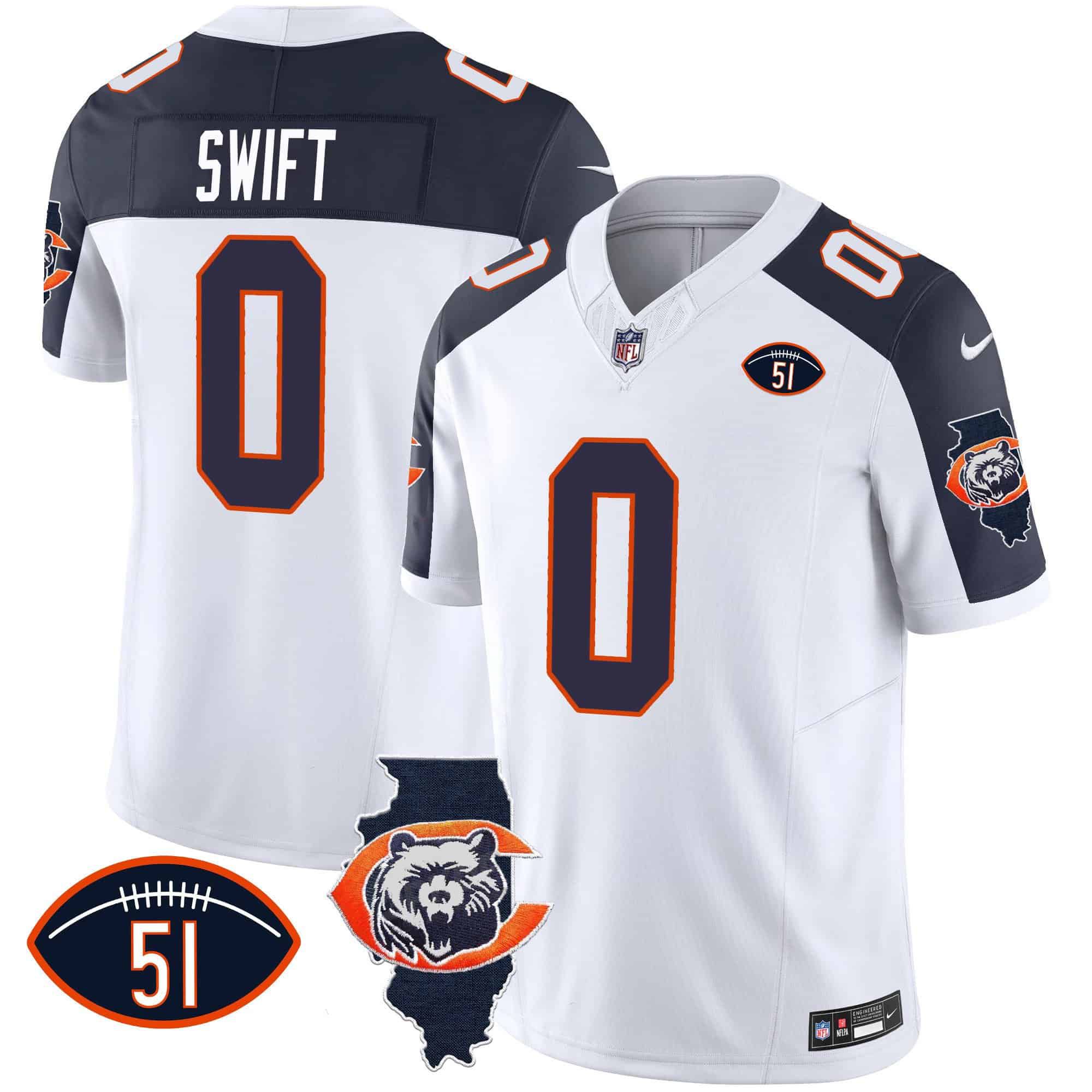 Men Chicago Bears #0 Swift White 2024 Nike Throwback Illinois Patch Vapor NFL Jersey style 2
